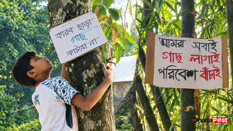 ফুলবাড়ীর গাছে গাছে মুগ্ধের বার্তা, ১০ বছরের শিশুর সচেতনতায় মুগ্ধ পথচারীরা